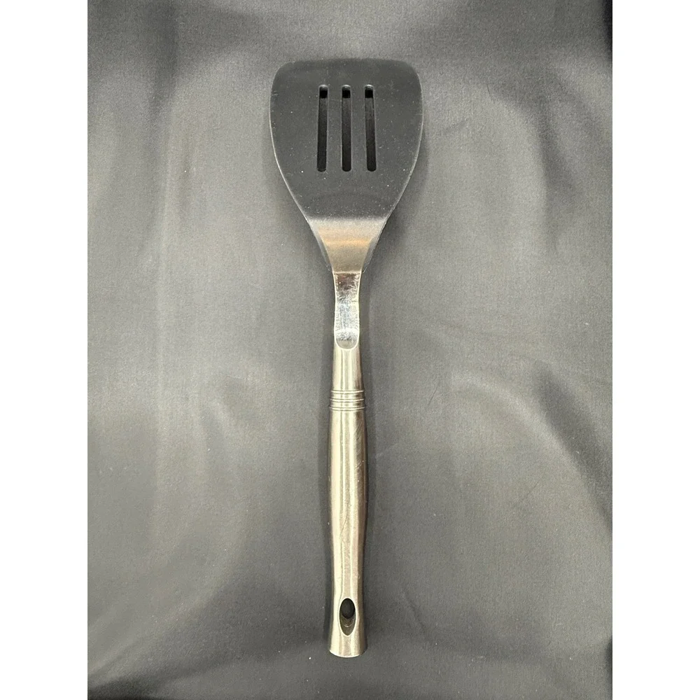 LE CREUSET Slotted Turner Spatula Black Silver Silicone Stainless Steel 13.5in